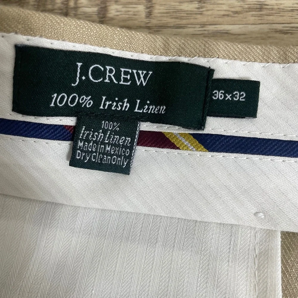 J.Crew Mens 100% Irish Linen Dress Pants Tan Khaki Flat Front 36x32 Summer READ